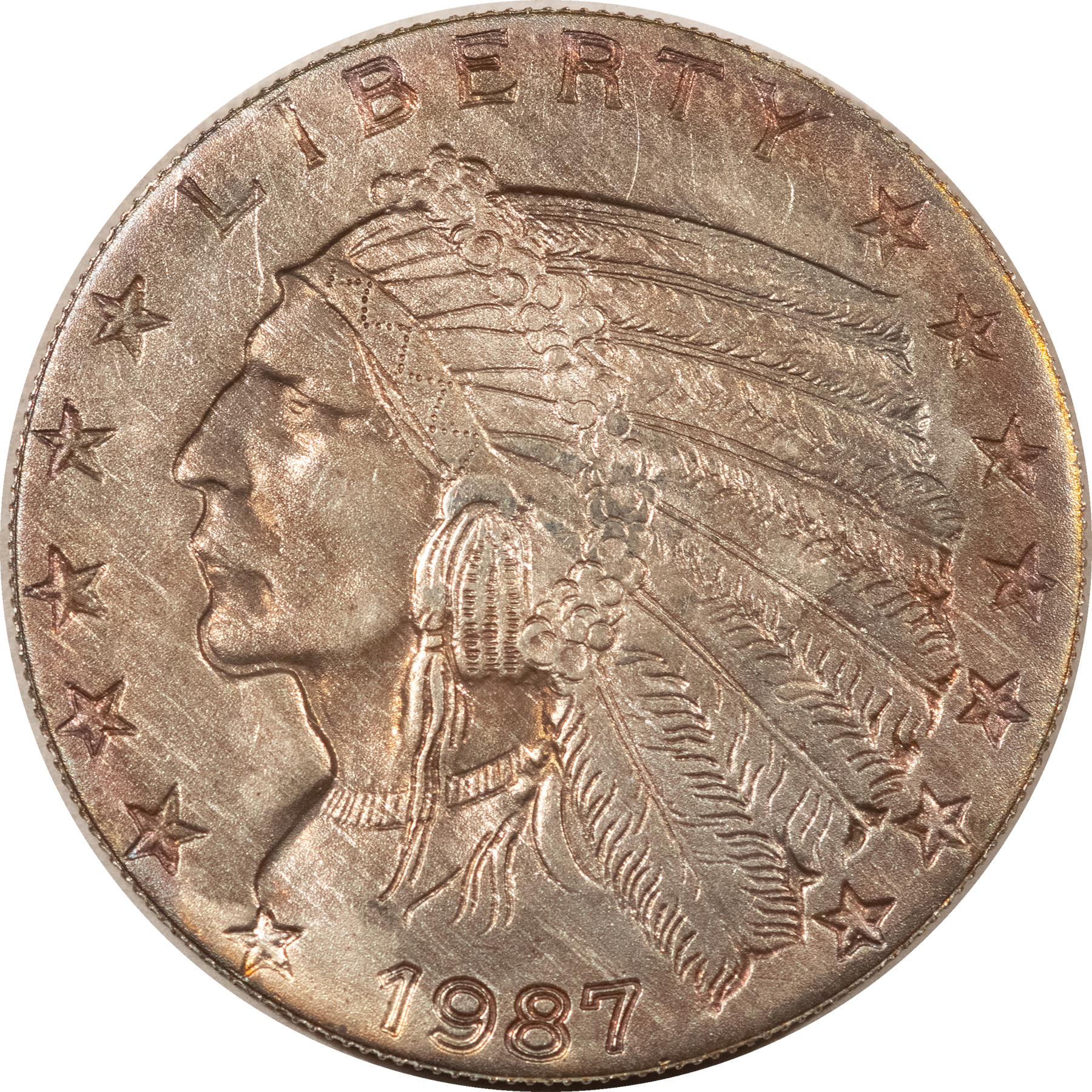 Bullion 1987 VINTAGE 1 OZ .999 FINE SILVER INDIAN HEAD DESIGN – TONED! Bullion 1987 VINTAGE 1 OZ .999 FINE SILVER INDIAN HEAD DESIGN – TONED!
