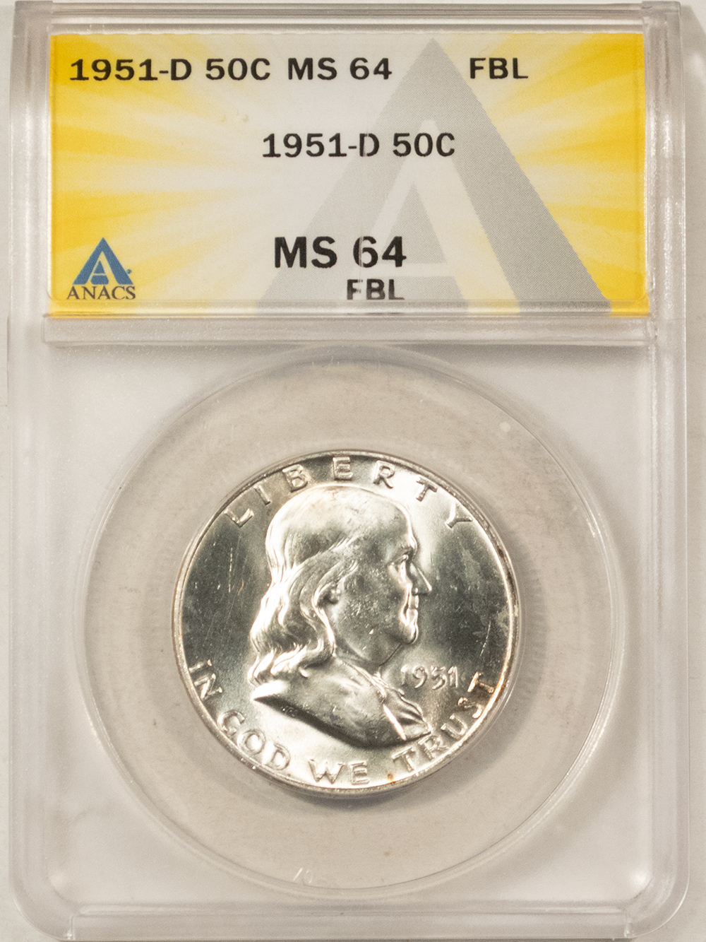 Franklin Halves 1951-D FRANKLIN HALF DOLLAR – ANACS MS-64 FBL Franklin Halves 1951-D FRANKLIN HALF DOLLAR – ANACS MS-64 FBL