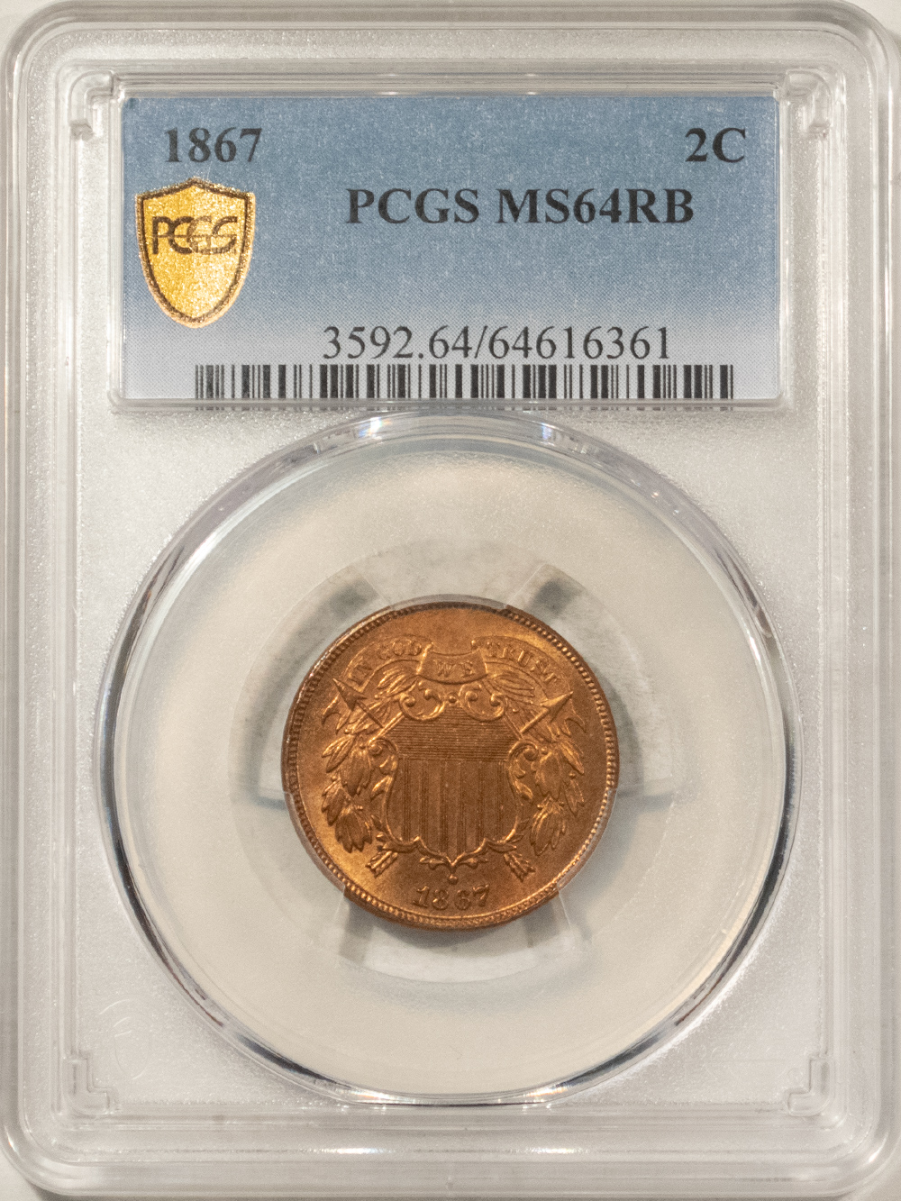 New Certified Coins 1867 TWO CENT PIECE – PCGS MS-64 RB, LOOKS FULL RED! New Certified Coins 1867 TWO CENT PIECE – PCGS MS-64 RB, LOOKS FULL RED!