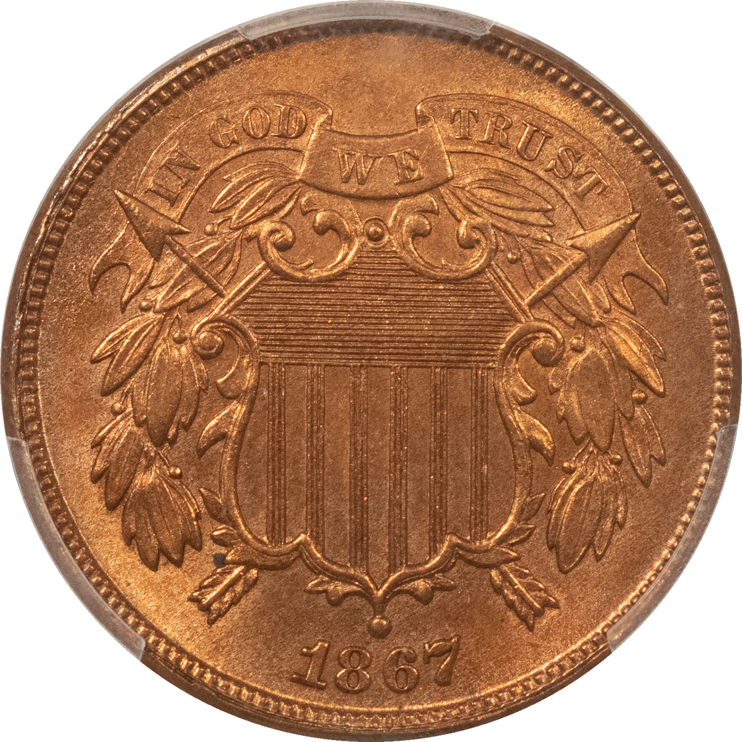 New Certified Coins 1867 TWO CENT PIECE – PCGS MS-64 RB, LOOKS FULL RED! New Certified Coins 1867 TWO CENT PIECE – PCGS MS-64 RB, LOOKS FULL RED!