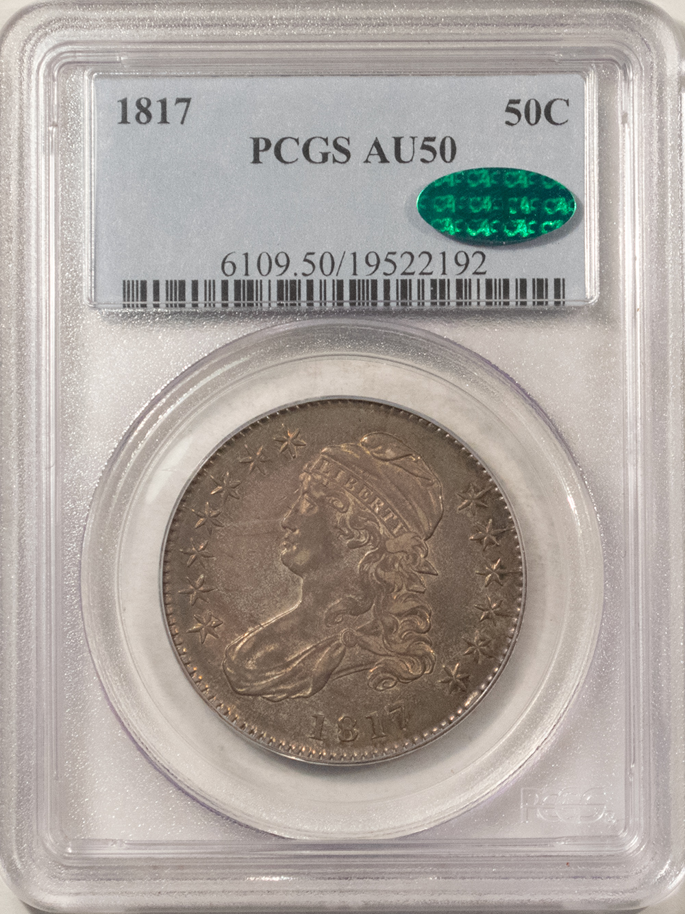 CAC Approved Coins 1817 CAPPED BUST HALF DOLLAR – PCGS AU-50, SUPER ORIGINAL & CAC APPROVED! CAC Approved Coins 1817 CAPPED BUST HALF DOLLAR – PCGS AU-50, SUPER ORIGINAL & CAC APPROVED!