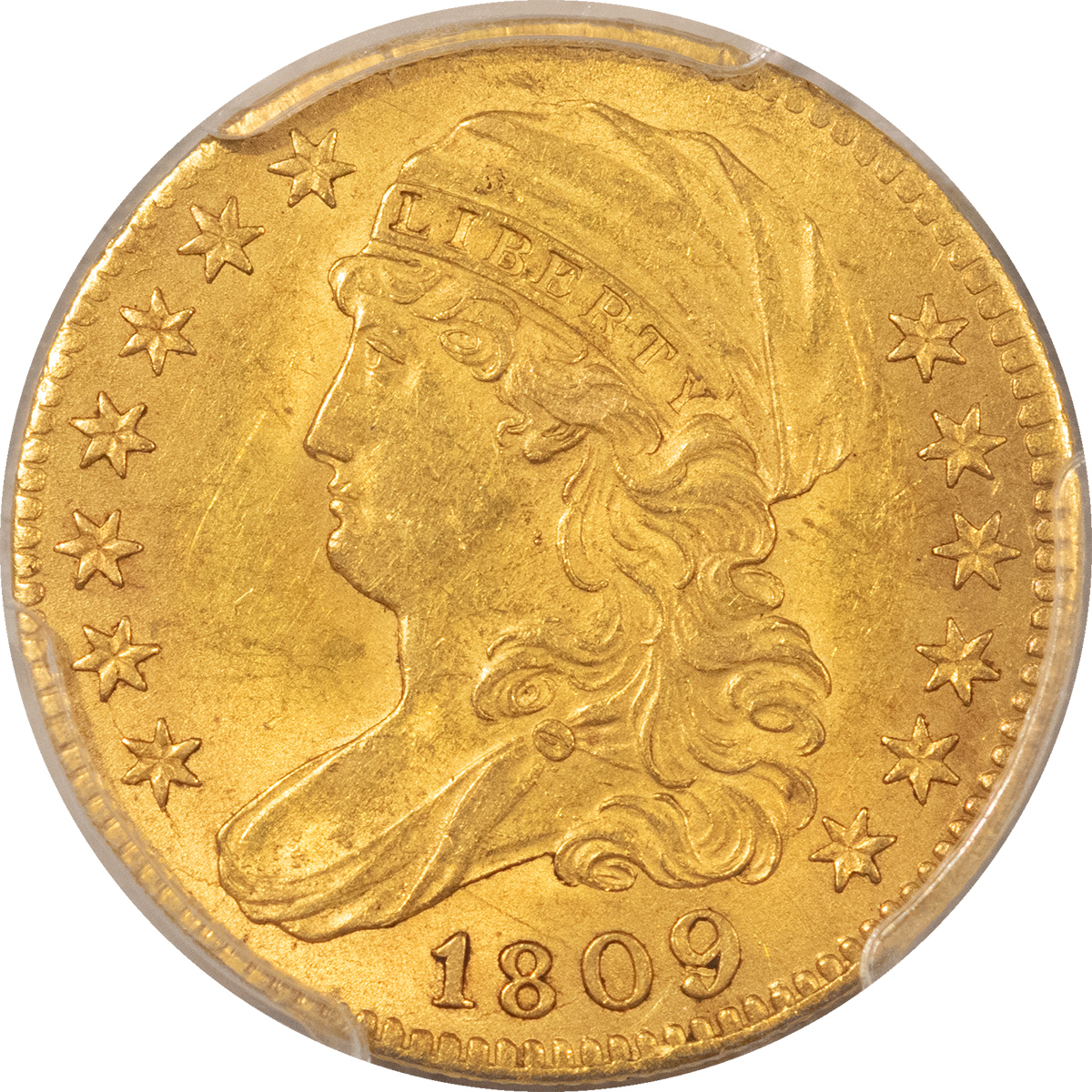 $5 1809/8 $5 CAPPED BUST GOLD HALF EAGLE – PCGS MS-62, PLEASING ORIGINAL! $5 1809/8 $5 CAPPED BUST GOLD HALF EAGLE – PCGS MS-62, PLEASING ORIGINAL!