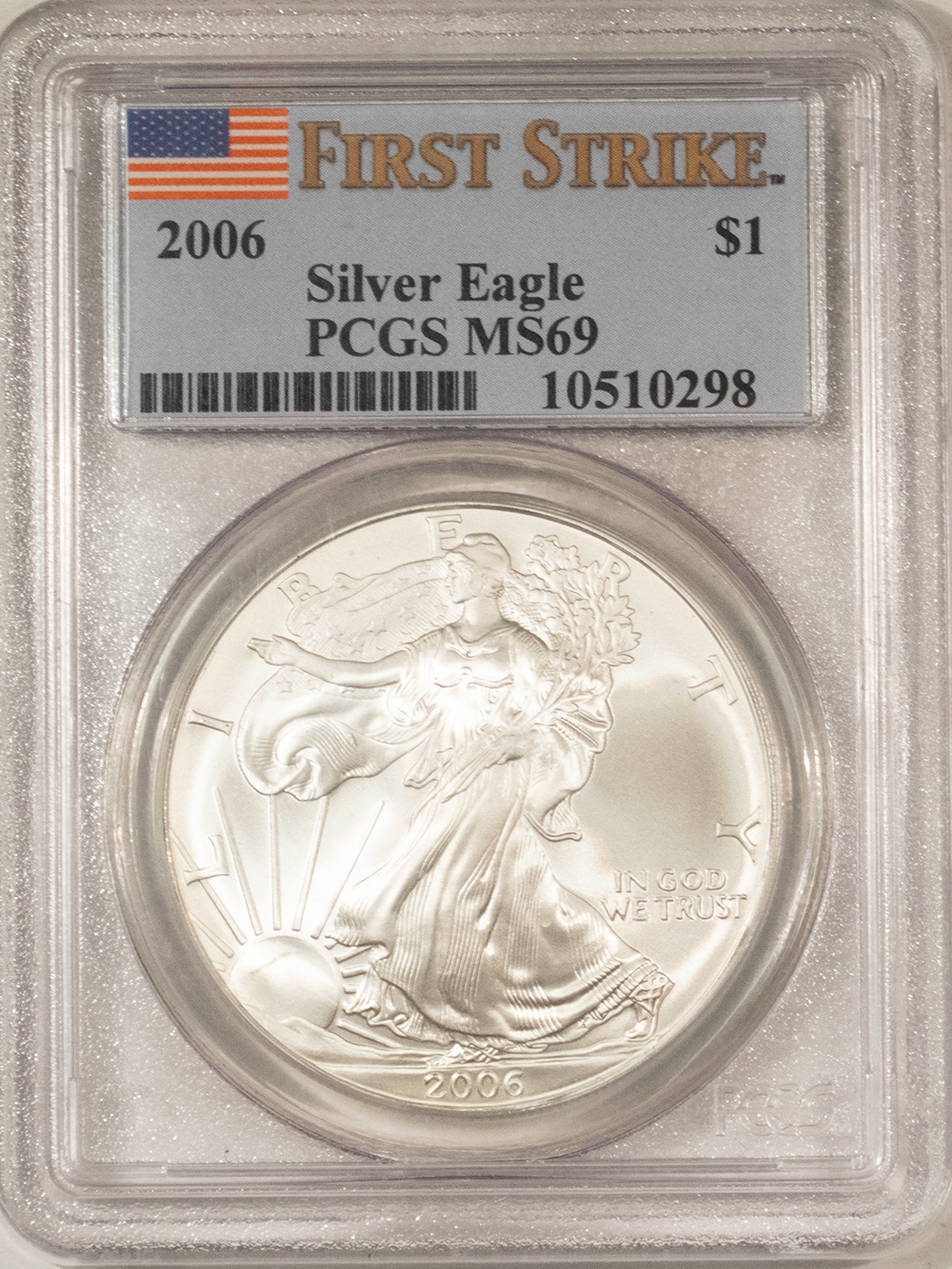 American Silver Eagles 2006 $1 AMERICAN SILVER EAGLE, 1 OZ .999 – PCGS MS-69 FIRST STRIKE, FLAG HOLDER! American Silver Eagles 2006 $1 AMERICAN SILVER EAGLE, 1 OZ .999 – PCGS MS-69 FIRST STRIKE, FLAG HOLDER!