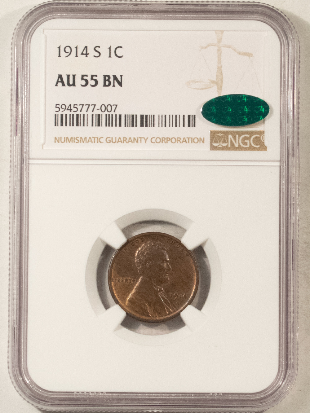 CAC Approved Coins 1914-S LINCOLN CENT – NGC AU-55 BN, CAC APPROVED! PQ & LOOKS UNC! CAC Approved Coins 1914-S LINCOLN CENT – NGC AU-55 BN, CAC APPROVED! PQ & LOOKS UNC!