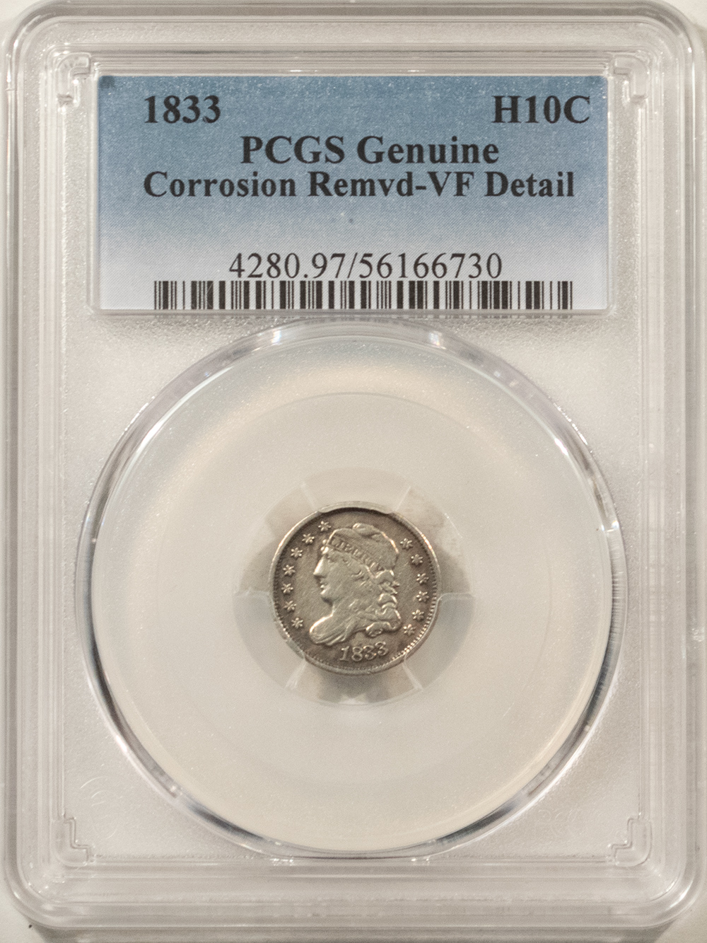 Capped Bust Half Dimes 1833 CAPPED BUST HALF DIME – PCGS GENUINE VF DETAILS, CORROSION REMOVED! Capped Bust Half Dimes 1833 CAPPED BUST HALF DIME – PCGS GENUINE VF DETAILS, CORROSION REMOVED!