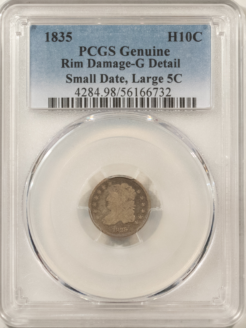 Capped Bust Half Dimes 1835 CAPPED BUST HALF DIME SMALL DATE LARGE 5C – PCGS GENUINE G DETAILS, DAMAGE! Capped Bust Half Dimes 1835 CAPPED BUST HALF DIME SMALL DATE LARGE 5C – PCGS GENUINE G DETAILS, DAMAGE!