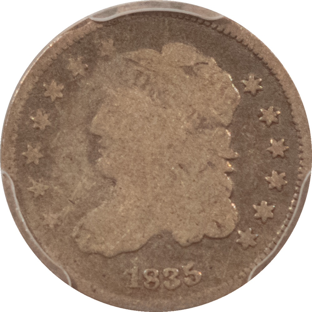 Capped Bust Half Dimes 1835 CAPPED BUST HALF DIME SMALL DATE LARGE 5C – PCGS GENUINE G DETAILS, DAMAGE! Capped Bust Half Dimes 1835 CAPPED BUST HALF DIME SMALL DATE LARGE 5C – PCGS GENUINE G DETAILS, DAMAGE!