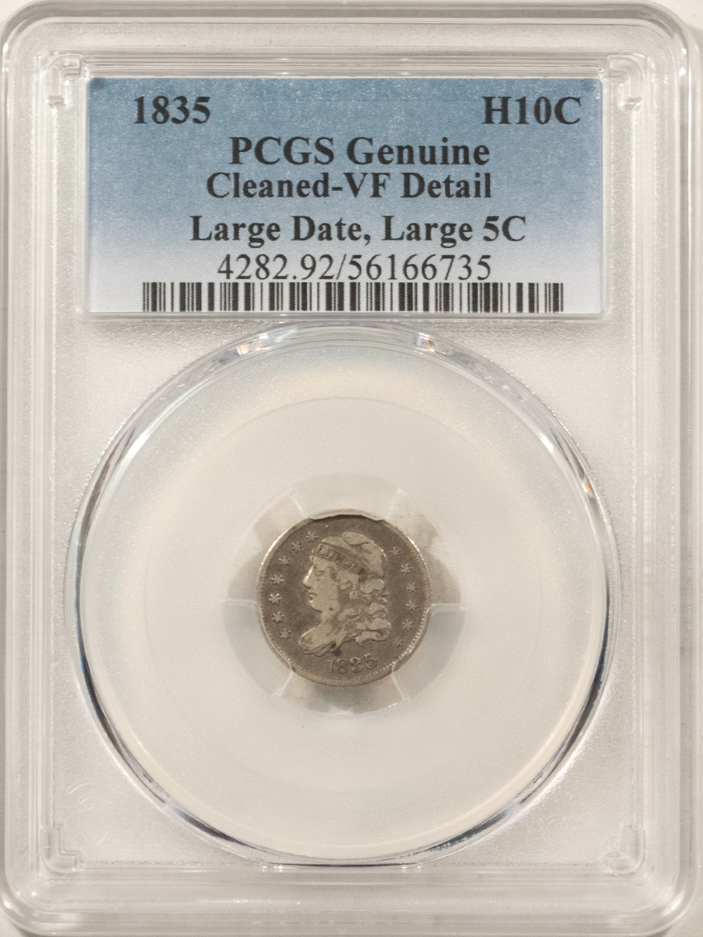 Capped Bust Half Dimes 1835 CAPPED BUST HALF DIME LARGE DATE LARGE 5C, PCGS GENUINE VF DETAILS, CLEANED Capped Bust Half Dimes 1835 CAPPED BUST HALF DIME LARGE DATE LARGE 5C, PCGS GENUINE VF DETAILS, CLEANED