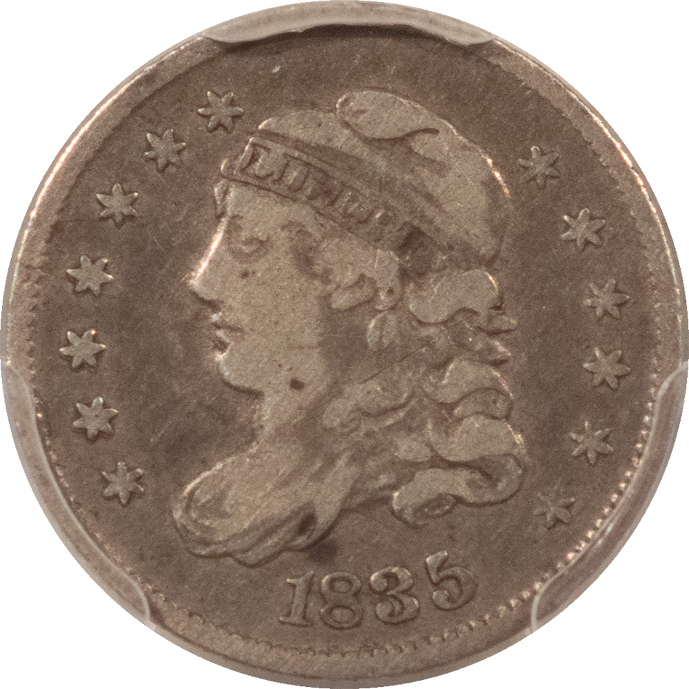 Capped Bust Half Dimes 1835 CAPPED BUST HALF DIME LARGE DATE LARGE 5C, PCGS GENUINE VF DETAILS, CLEANED Capped Bust Half Dimes 1835 CAPPED BUST HALF DIME LARGE DATE LARGE 5C, PCGS GENUINE VF DETAILS, CLEANED