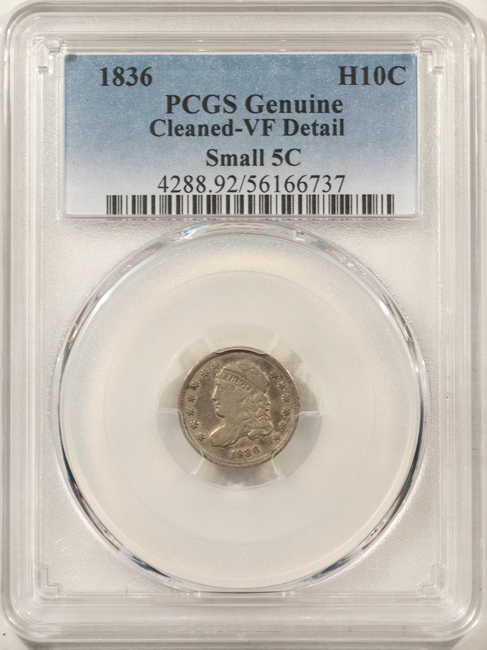 Capped Bust Half Dimes 1836 CAPPED BUST HALF DIME SMALL 5C – PCGS GENUINE VF DETAILS, CLEANED! Capped Bust Half Dimes 1836 CAPPED BUST HALF DIME SMALL 5C – PCGS GENUINE VF DETAILS, CLEANED!