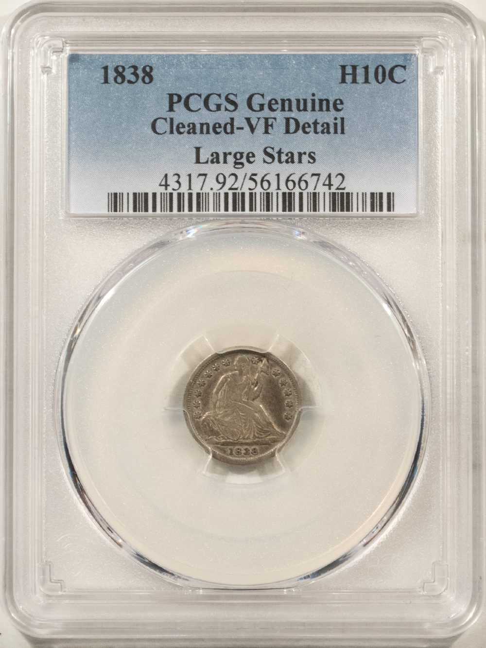 Half Dimes 1838 SEATED LIBERTY HALF DIME LARGE STARS – PCGS GENUINE VF DETAILS, CLEANED! Half Dimes 1838 SEATED LIBERTY HALF DIME LARGE STARS – PCGS GENUINE VF DETAILS, CLEANED!