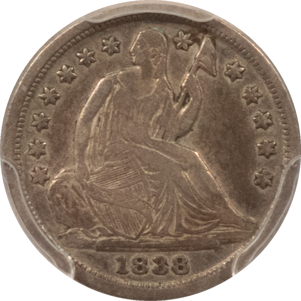 Half Dimes 1838 SEATED LIBERTY HALF DIME LARGE STARS – PCGS GENUINE VF DETAILS, CLEANED! Half Dimes 1838 SEATED LIBERTY HALF DIME LARGE STARS – PCGS GENUINE VF DETAILS, CLEANED!