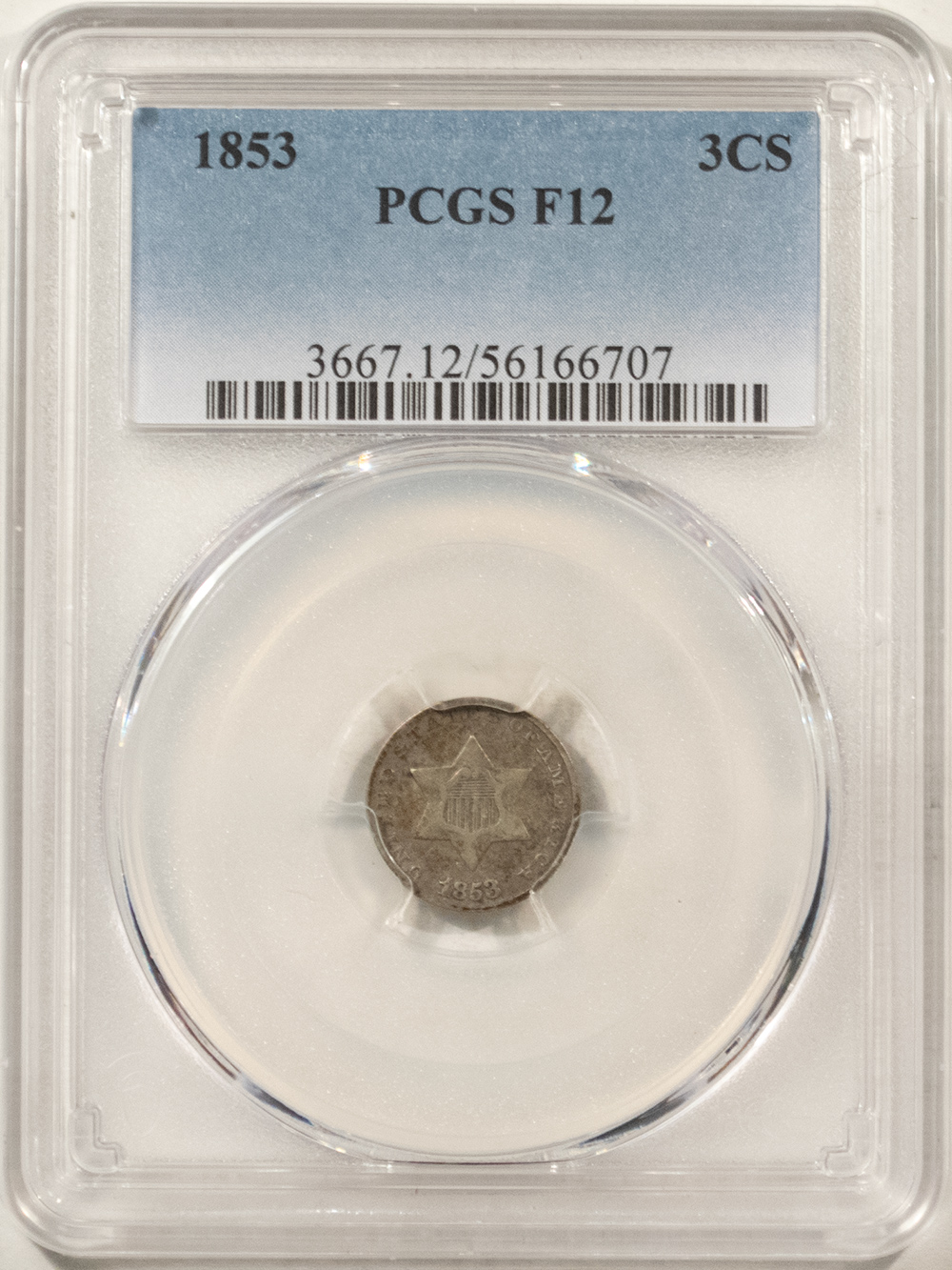 New Certified Coins 1853 THREE CENT SILVER – PCGS F-12 New Certified Coins 1853 THREE CENT SILVER – PCGS F-12