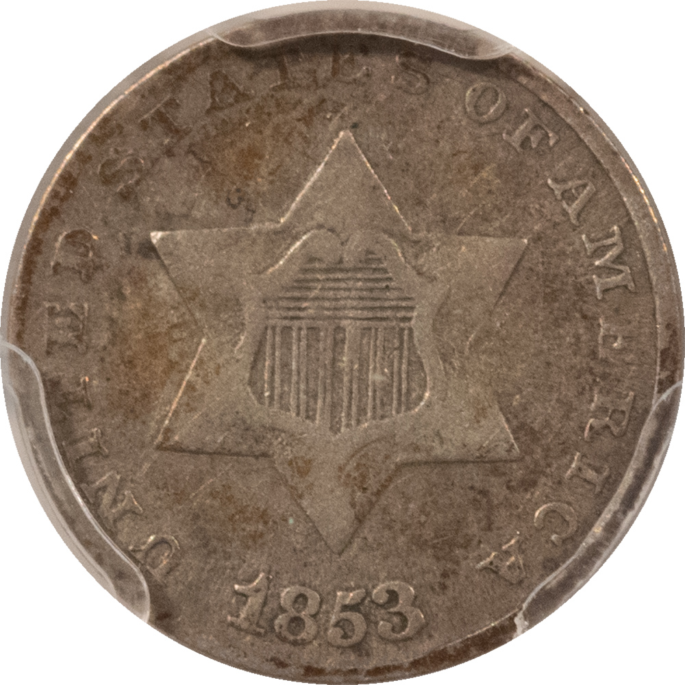 New Certified Coins 1853 THREE CENT SILVER – PCGS F-12 New Certified Coins 1853 THREE CENT SILVER – PCGS F-12