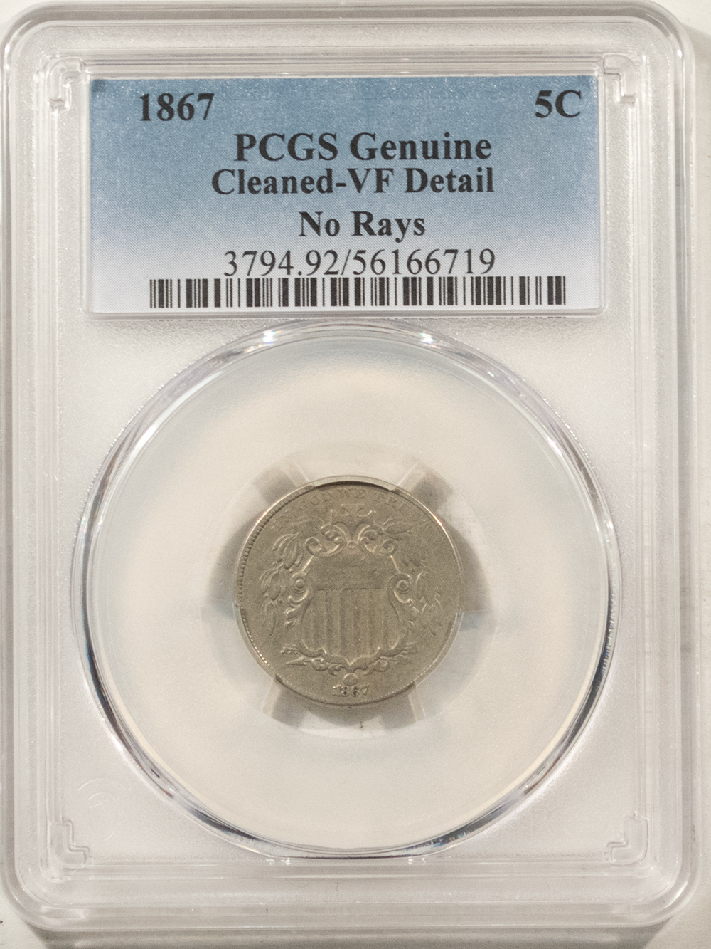 New Certified Coins 1867 SHIELD NICKEL NO RAYS – PCGS GENUINE VF DETAILS, CLEANED! New Certified Coins 1867 SHIELD NICKEL NO RAYS – PCGS GENUINE VF DETAILS, CLEANED!