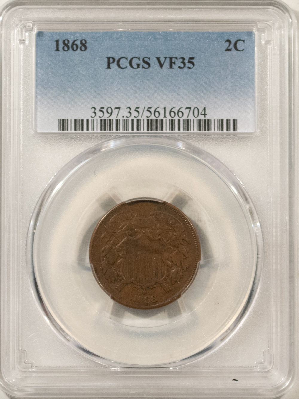 New Certified Coins 1868 TWO CENT PIECE – PCGS VF-35 BN New Certified Coins 1868 TWO CENT PIECE – PCGS VF-35 BN