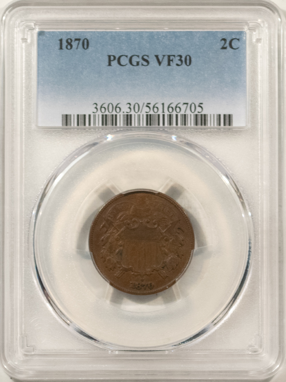 New Certified Coins 1870 TWO CENT PIECE – PCGS VF-30 BN New Certified Coins 1870 TWO CENT PIECE – PCGS VF-30 BN