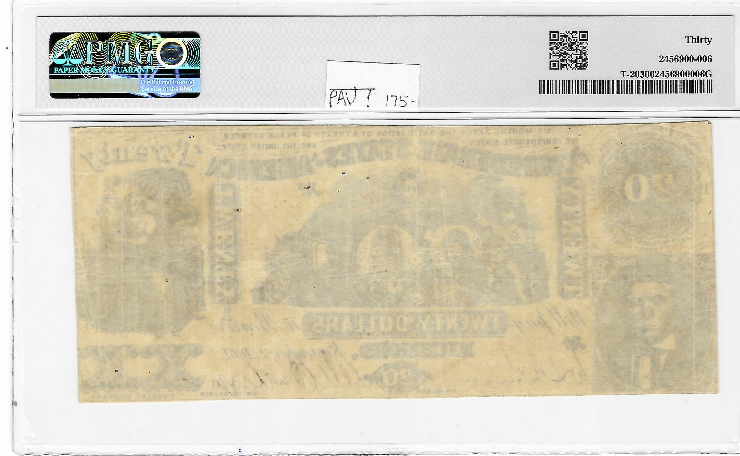 Confederate Notes 1861 $20 CONFEDERATE STATES OF AMERICA, T-20, PMG VF-20 Confederate Notes 1861 $20 CONFEDERATE STATES OF AMERICA, T-20, PMG VF-20