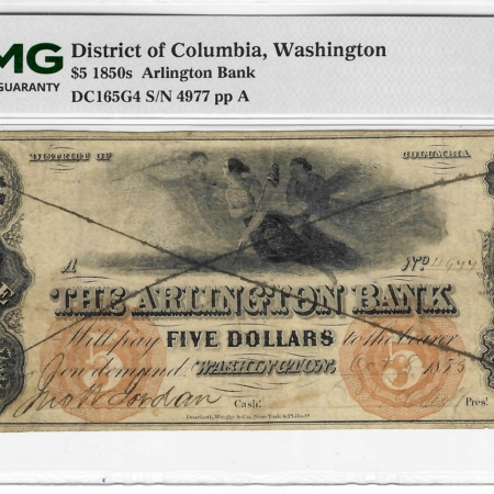 Obsolete Notes 1855 $5 DISTRICT OF COLUMBIA, ARLINGTON BANK, PMG VF-20, CANCELLED-RARE BANK! Obsolete Notes 1855 $5 DISTRICT OF COLUMBIA, ARLINGTON BANK, PMG VF-20, CANCELLED-RARE BANK!
