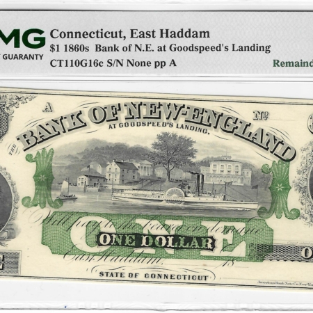 Obsolete Notes 1860 $1 EAST HADDAM, CONNECTICUT-BANK OF N.E. AT GOODSPEED’S LANDING-PMG-67 EPQ! Obsolete Notes 1860 $1 EAST HADDAM, CONNECTICUT-BANK OF N.E. AT GOODSPEED’S LANDING-PMG-67 EPQ!