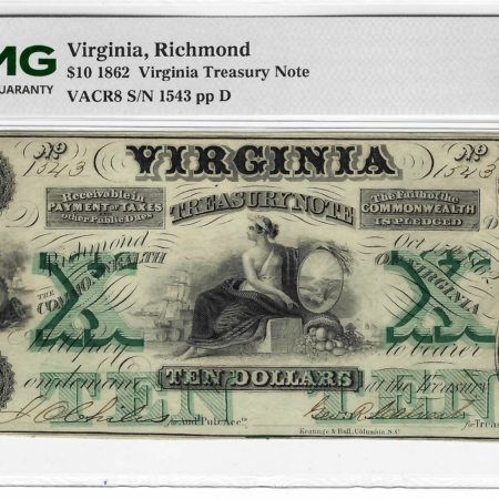 Obsolete Notes 1862 $10 VIRGINIA TREASURY NOTE, PMG AU-55 EPQ, GREAT GRAPHICS & COLOR, TOUGH!