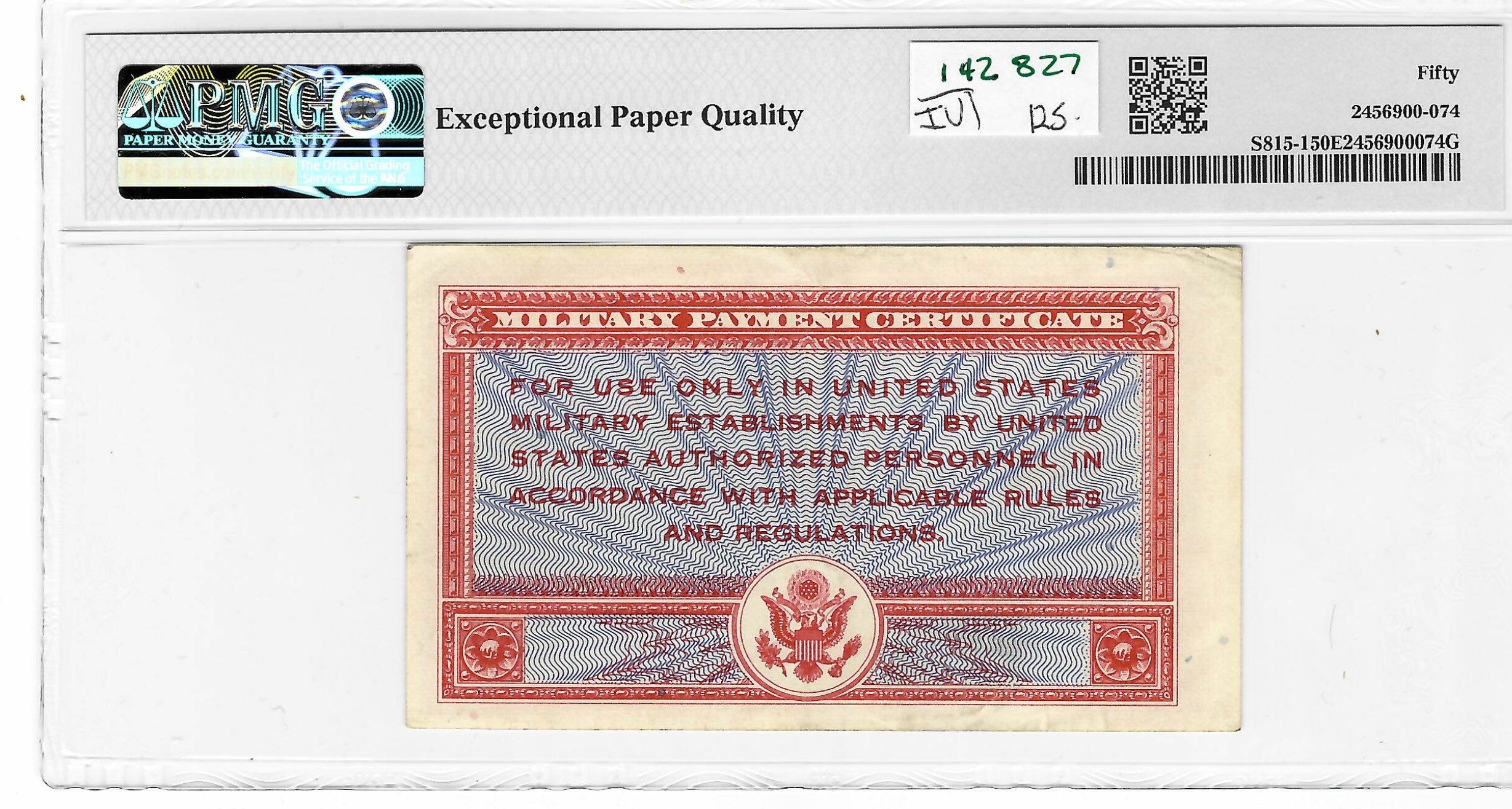 Military Payment Certificates SERIES 471 $1 MPC MILITARY PAYMENT CERTIFICATE S815-1 1ST PRINTING PMG AU-50 EPQ Military Payment Certificates SERIES 471 $1 MPC MILITARY PAYMENT CERTIFICATE S815-1 1ST PRINTING PMG AU-50 EPQ