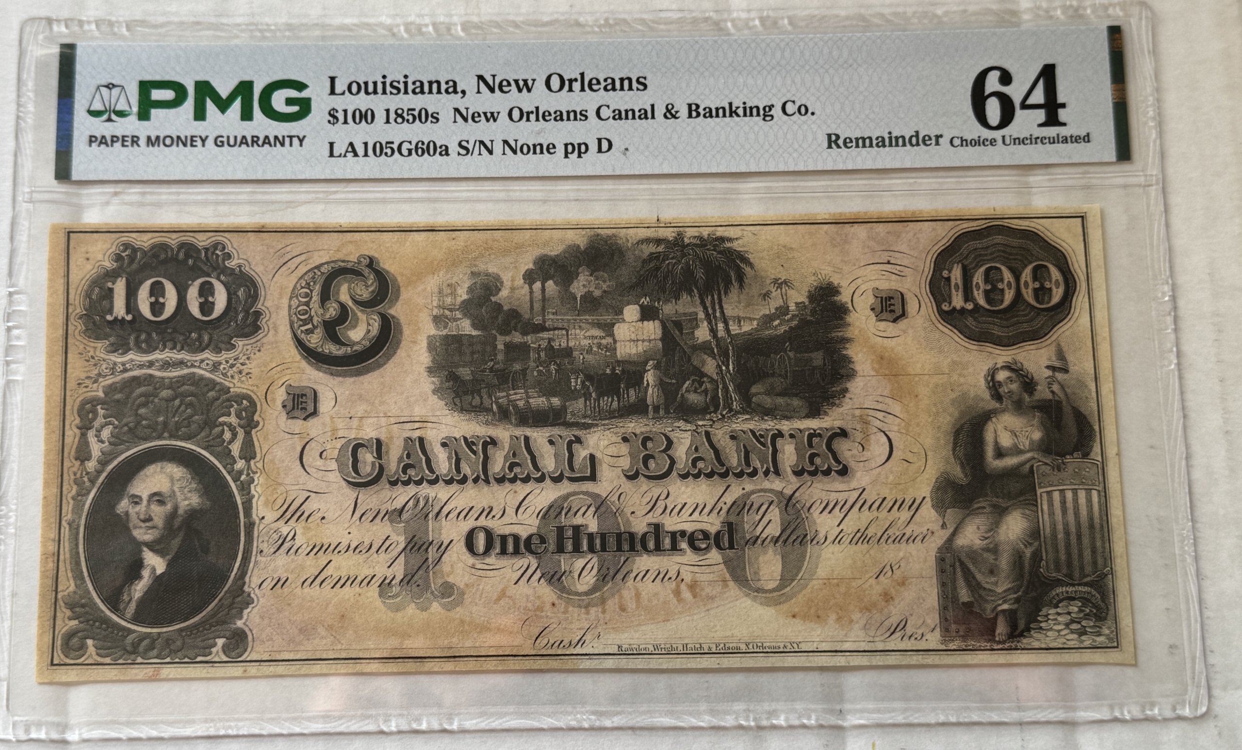 New Store Items 1850s $100 LOUISIANA, NEW ORLEANS CANAL & BANKING CO REMAINDER, PMG CH UNC 64 New Store Items 1850s $100 LOUISIANA, NEW ORLEANS CANAL & BANKING CO REMAINDER, PMG CH UNC 64