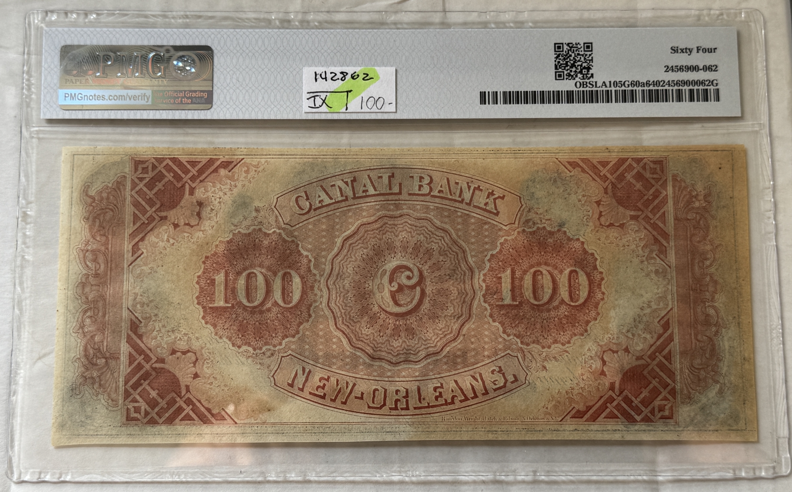 New Store Items 1850s $100 LOUISIANA, NEW ORLEANS CANAL & BANKING CO REMAINDER, PMG CH UNC 64 New Store Items 1850s $100 LOUISIANA, NEW ORLEANS CANAL & BANKING CO REMAINDER, PMG CH UNC 64