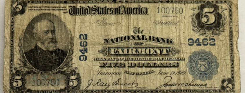 Large National Currency 1902 $5 NATIONAL CURRENCY, NATIONAL BANK OF FAIRMONT, WV CH# 9462 ORIGINAL FINE!
