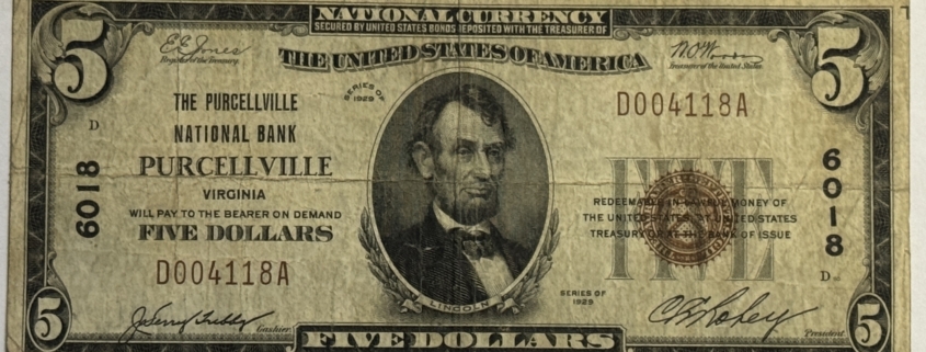 Small National Currency 1929 $5 PURCELLVILLE NATIONAL BANK OF PURCELLVILLE, VA CHTR #6018 NICE VF, TOUGH
