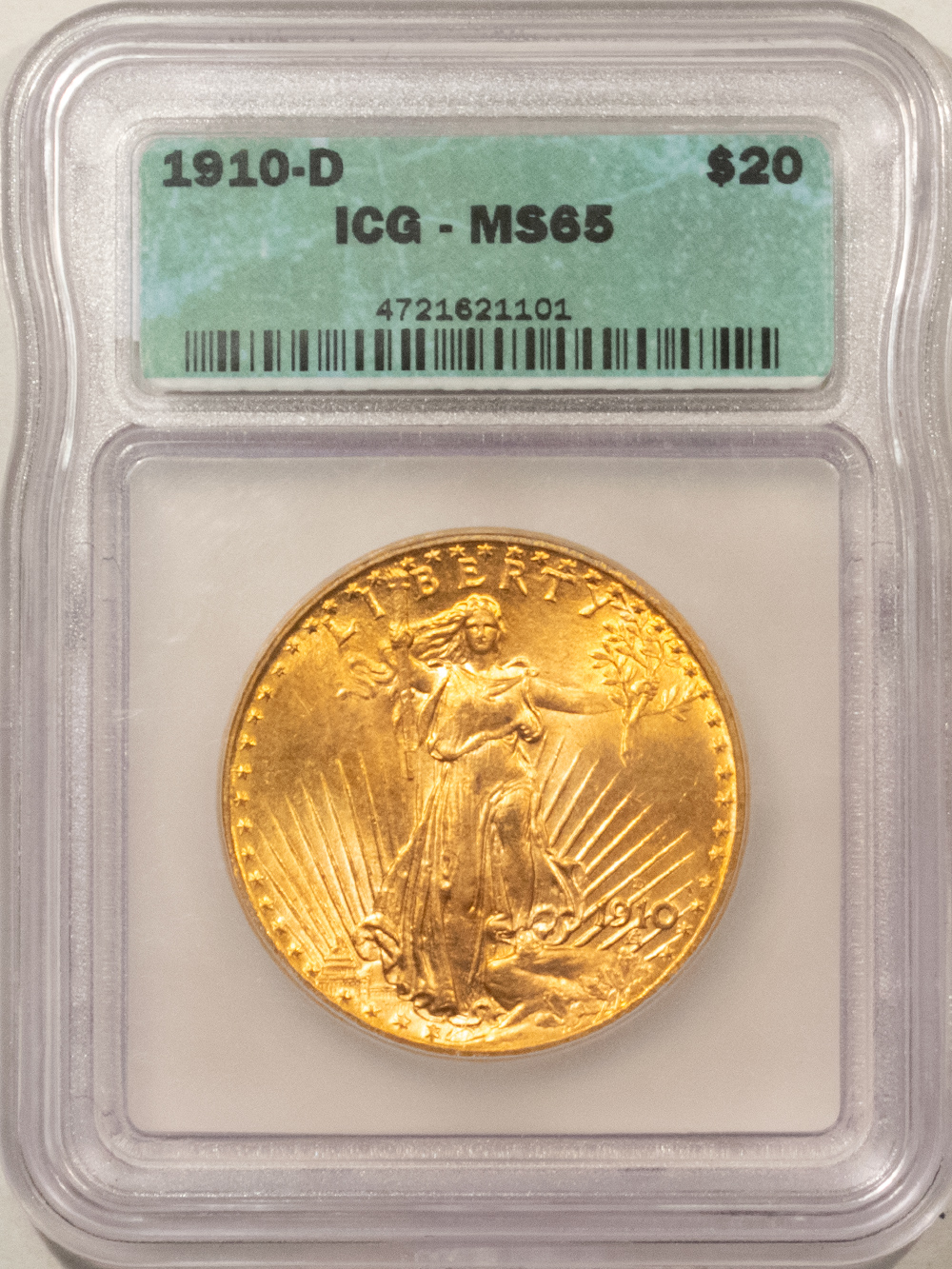 $20 1910-D $20 ST. GAUDENS GOLD, ICG MS-65, DEEP ORANGE LUSTER & ATTRACTIVE! $20 1910-D $20 ST. GAUDENS GOLD, ICG MS-65, DEEP ORANGE LUSTER & ATTRACTIVE!