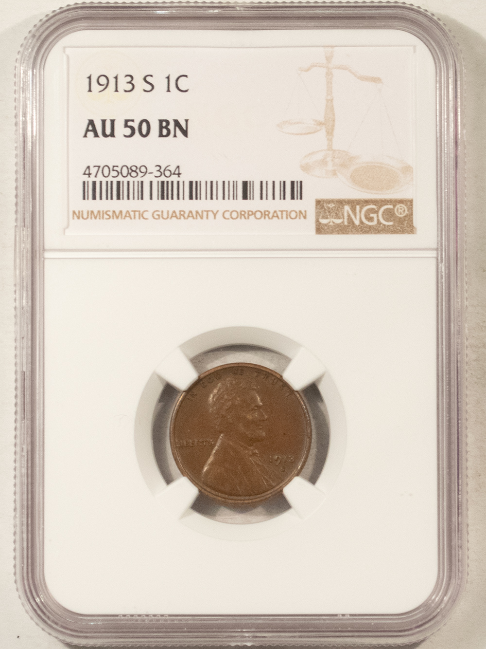 Lincoln Cents (Wheat) 1913-S LINCOLN CENT – NGC AU-50 BN, NICE ORIGINAL Lincoln Cents (Wheat) 1913-S LINCOLN CENT – NGC AU-50 BN, NICE ORIGINAL
