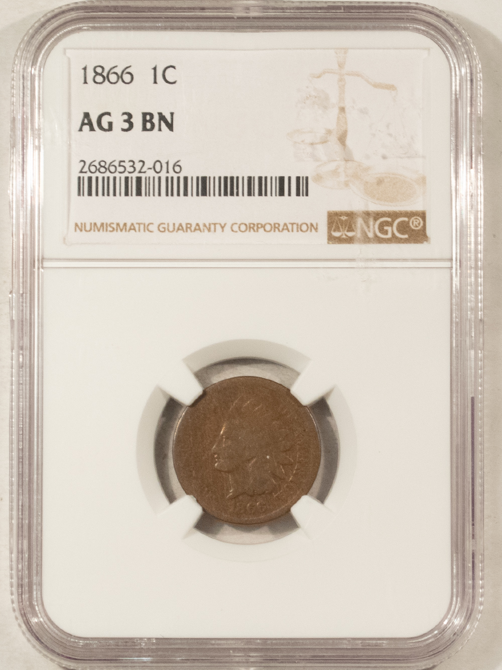 Indian 1866 INDIAN CENT – NGC AG-3 BN, LOW-BALL HOLDER Indian 1866 INDIAN CENT – NGC AG-3 BN, LOW-BALL HOLDER