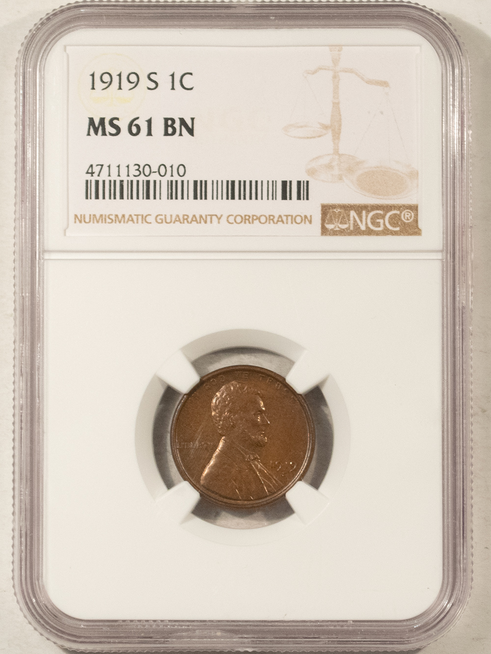 Lincoln Cents (Wheat) 1919-S LINCOLN CENT – NGC MS-61 BN, ATTRACTIVE & LOOKS CHOICE! Lincoln Cents (Wheat) 1919-S LINCOLN CENT – NGC MS-61 BN, ATTRACTIVE & LOOKS CHOICE!