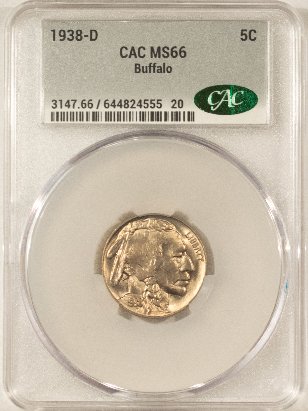 Buffalo Nickels 1938-D BUFFALO NICKEL – CACG MS-66, SUPERB! CAC APPROVED! Buffalo Nickels 1938-D BUFFALO NICKEL – CACG MS-66, SUPERB! CAC APPROVED!