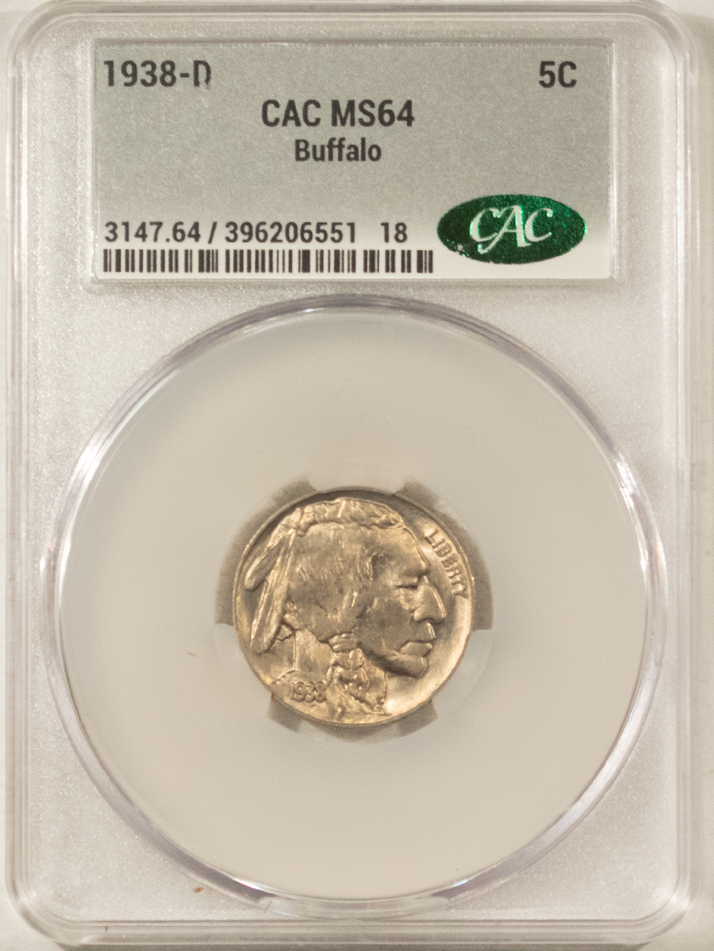 Buffalo Nickels 1938-D BUFFALO NICKEL – CACG MS-64, CAC APPROVED! Buffalo Nickels 1938-D BUFFALO NICKEL – CACG MS-64, CAC APPROVED!