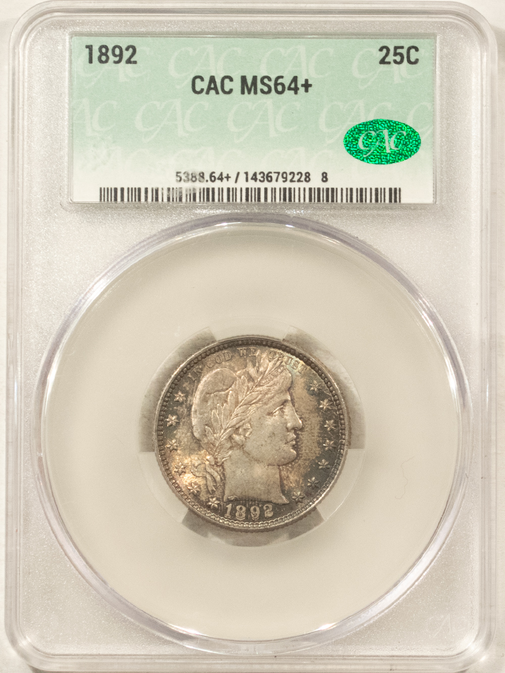 Barber Quarters 1892 BARBER QUARTER – CACG MS-64+, PRETTY & PREMIUM QUALITY & CAC APPROVED! Barber Quarters 1892 BARBER QUARTER – CACG MS-64+, PRETTY & PREMIUM QUALITY & CAC APPROVED!