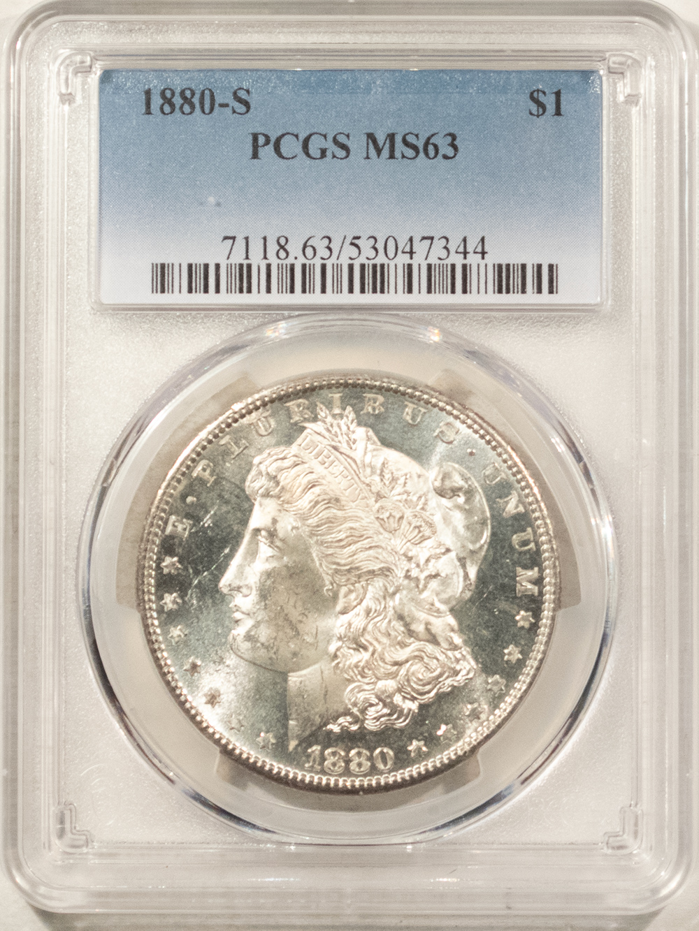 Dollars 1880-S MORGAN DOLLAR, PCGS MS-63, FROSTY WHITE W/ A SUPERB GEM REVERSE! Dollars 1880-S MORGAN DOLLAR, PCGS MS-63, FROSTY WHITE W/ A SUPERB GEM REVERSE!