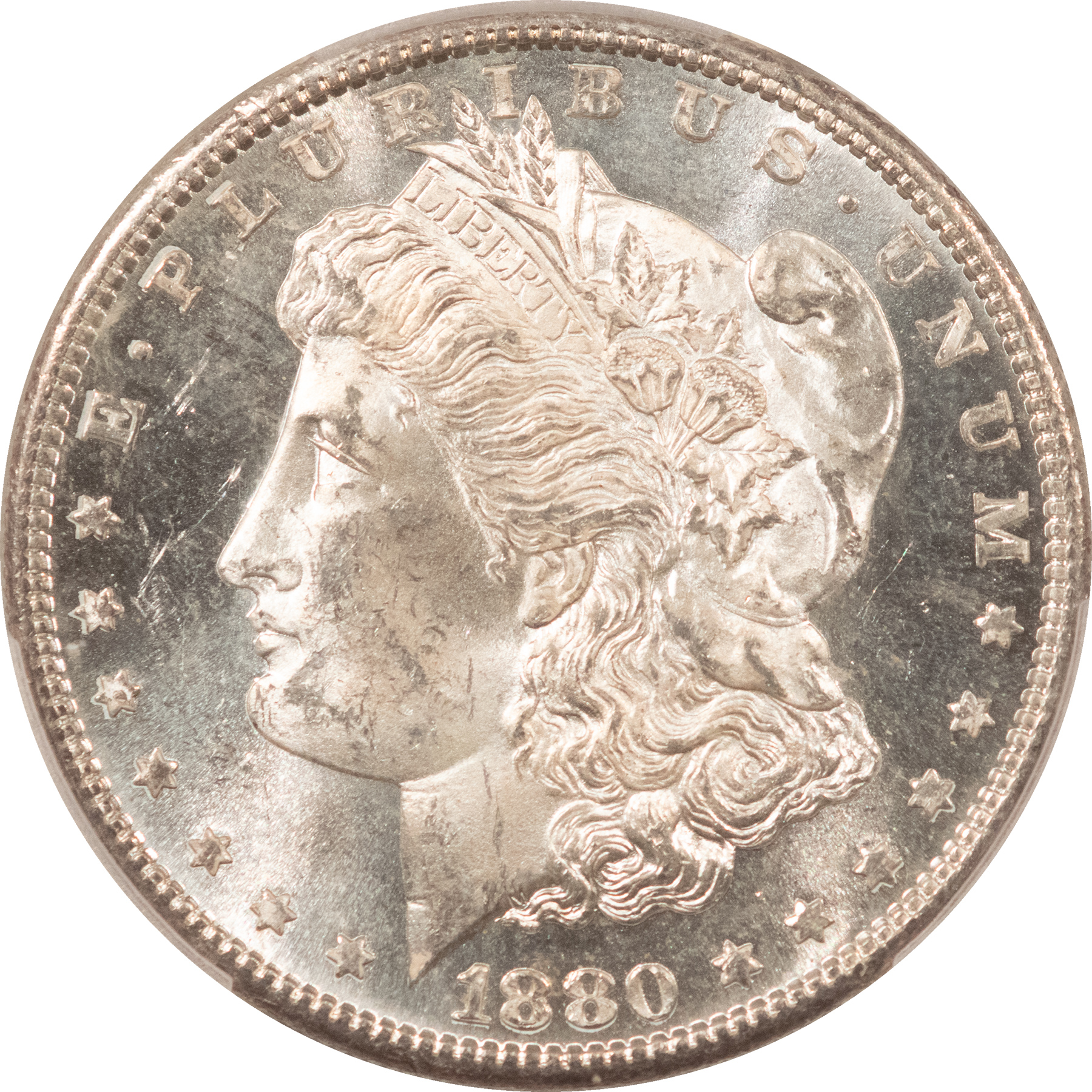 Dollars 1880-S MORGAN DOLLAR, PCGS MS-63, FROSTY WHITE W/ A SUPERB GEM REVERSE! Dollars 1880-S MORGAN DOLLAR, PCGS MS-63, FROSTY WHITE W/ A SUPERB GEM REVERSE!