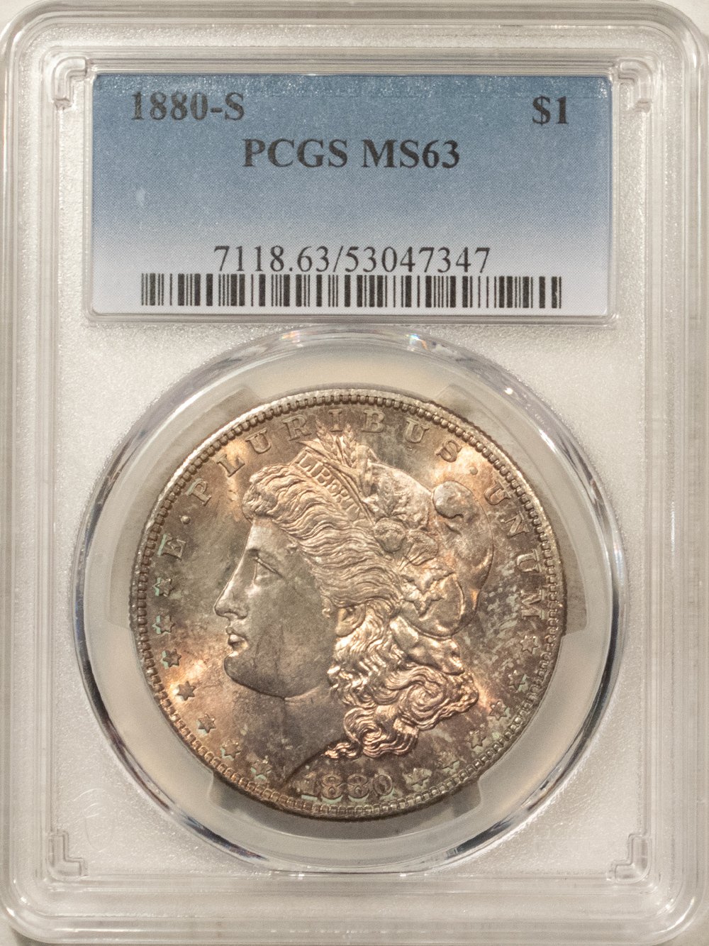 Dollars 1880-S MORGAN DOLLAR, PCGS MS-63, ORIGINAL TONED-CHOICE, FROSTY & LUSTROUS! Dollars 1880-S MORGAN DOLLAR, PCGS MS-63, ORIGINAL TONED-CHOICE, FROSTY & LUSTROUS!