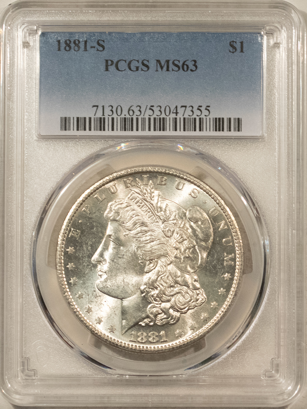 Dollars 1881-S MORGAN DOLLAR, PCGS MS-63, ORIGINAL WHITE, CHOICE, FROSTY & LUSTROUS! Dollars 1881-S MORGAN DOLLAR, PCGS MS-63, ORIGINAL WHITE, CHOICE, FROSTY & LUSTROUS!