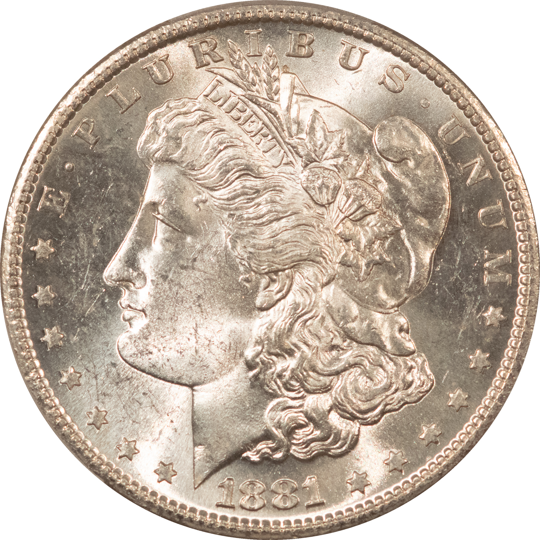 Dollars 1881-S MORGAN DOLLAR, PCGS MS-63, ORIGINAL WHITE, CHOICE, FROSTY & LUSTROUS! Dollars 1881-S MORGAN DOLLAR, PCGS MS-63, ORIGINAL WHITE, CHOICE, FROSTY & LUSTROUS!