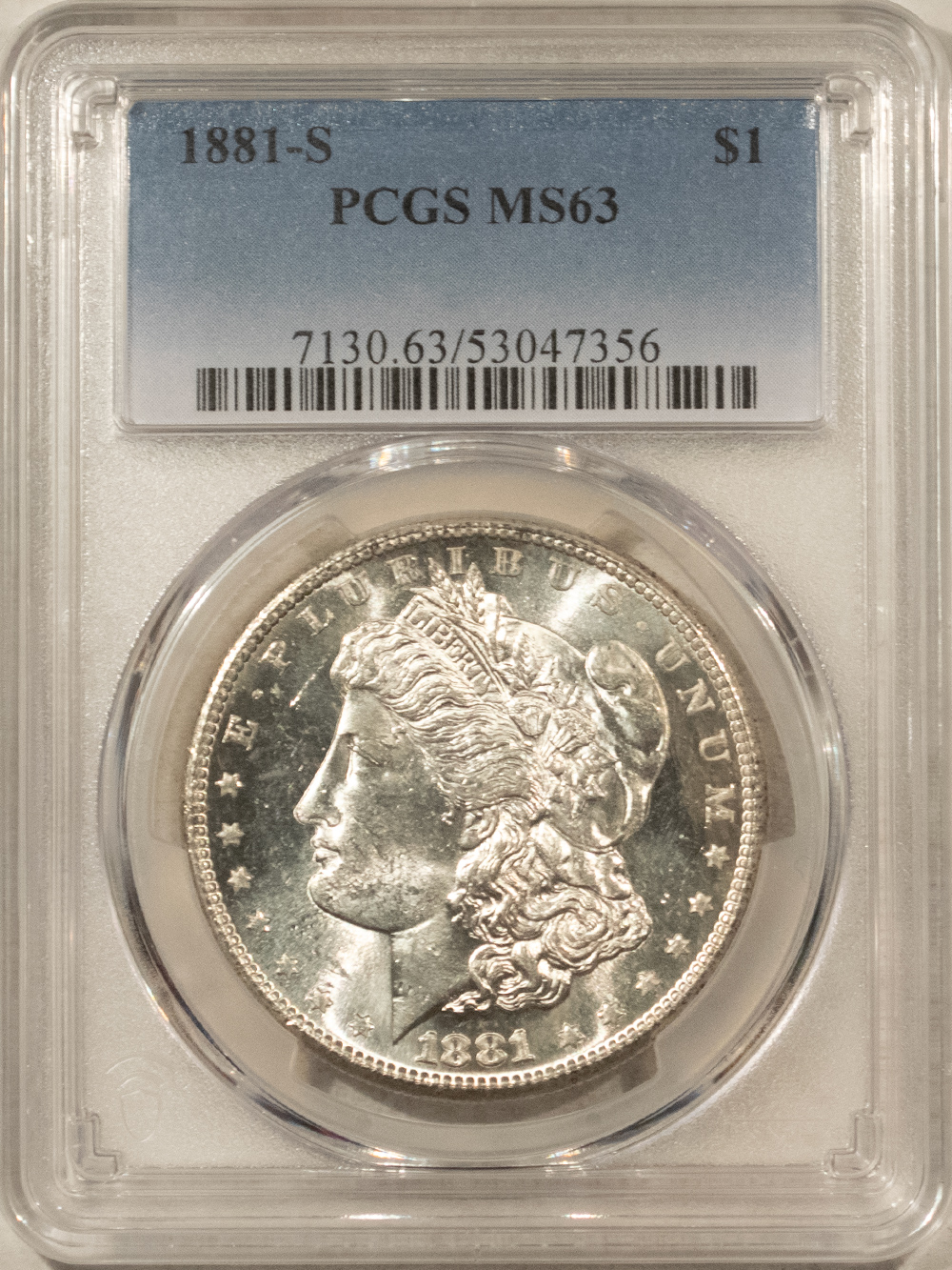 Dollars 1881-S MORGAN DOLLAR, PCGS MS-63, ORIGINAL WHITE, CHOICE, FROSTY & LUSTROUS! Dollars 1881-S MORGAN DOLLAR, PCGS MS-63, ORIGINAL WHITE, CHOICE, FROSTY & LUSTROUS!