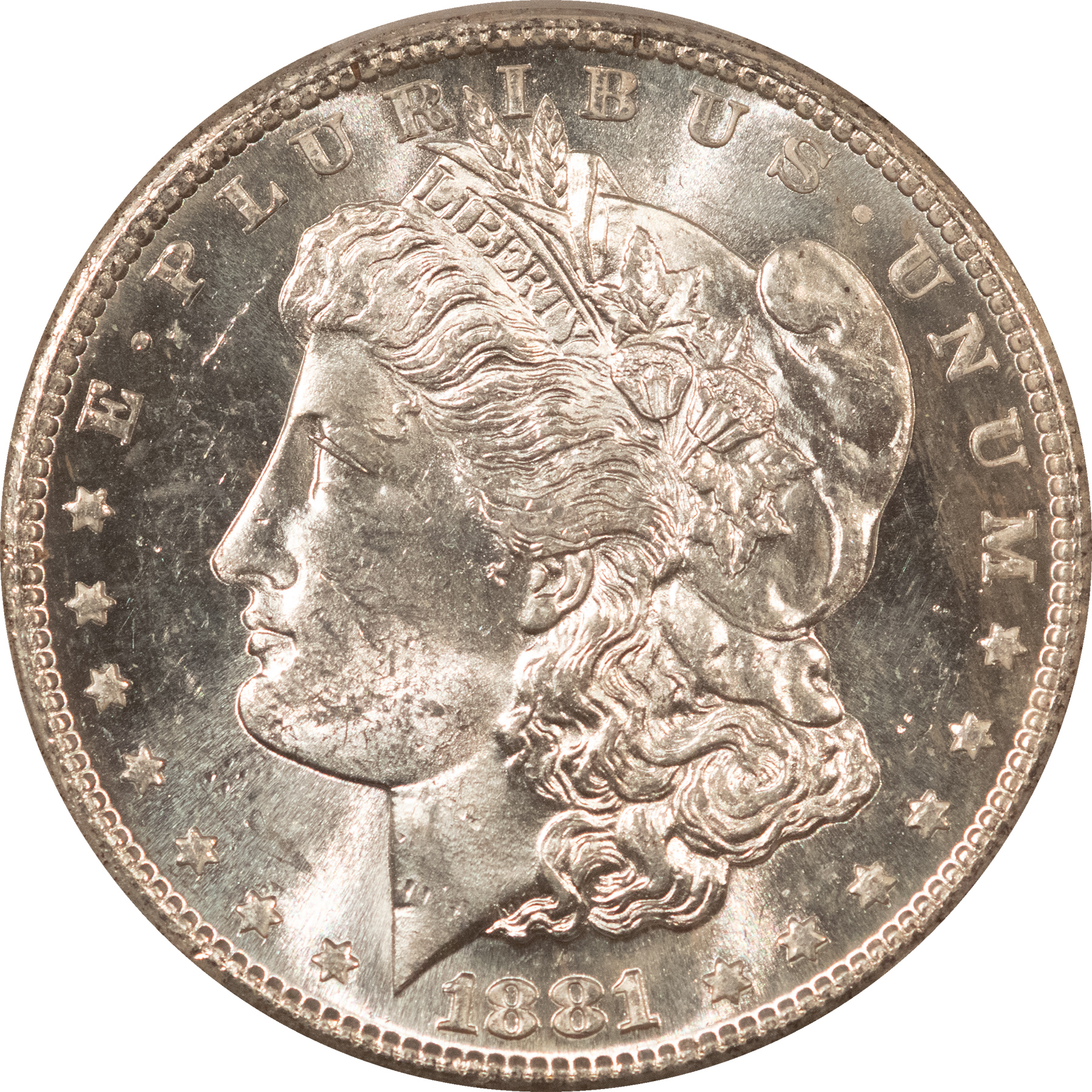 Dollars 1881-S MORGAN DOLLAR, PCGS MS-63, ORIGINAL WHITE, CHOICE, FROSTY & LUSTROUS! Dollars 1881-S MORGAN DOLLAR, PCGS MS-63, ORIGINAL WHITE, CHOICE, FROSTY & LUSTROUS!