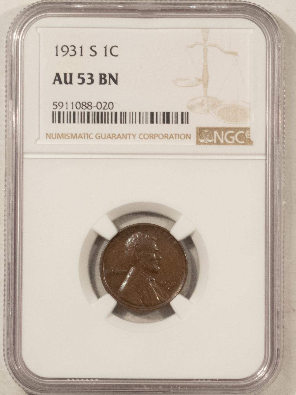 Lincoln Cents (Wheat) 1931-S LINCOLN CENT – NGC AU-53 BN KEY-DATE! Lincoln Cents (Wheat) 1931-S LINCOLN CENT – NGC AU-53 BN KEY-DATE!