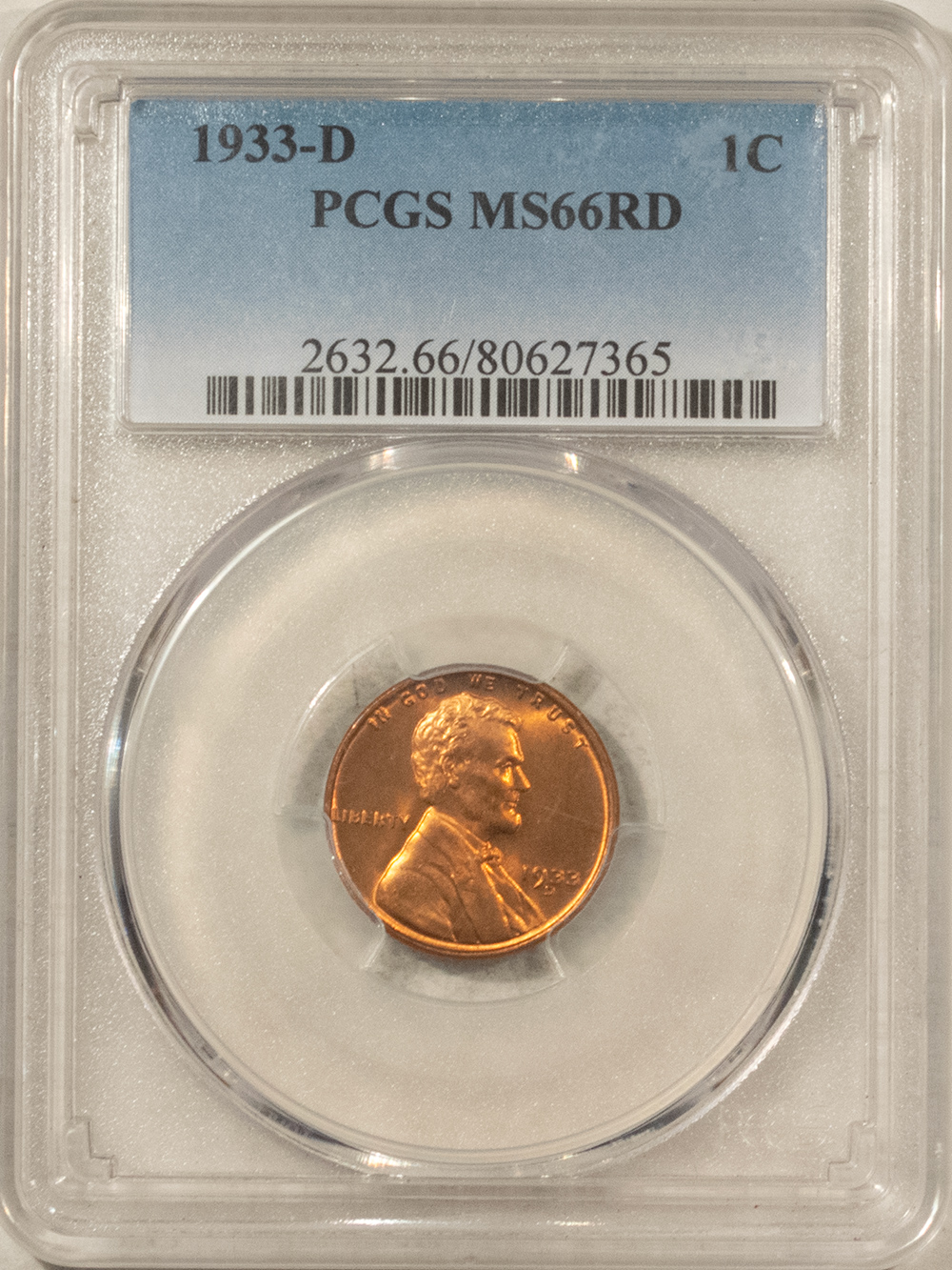 Lincoln Cents (Wheat) 1933-D LINCOLN CENT – PCGS MS-66 RD Lincoln Cents (Wheat) 1933-D LINCOLN CENT – PCGS MS-66 RD
