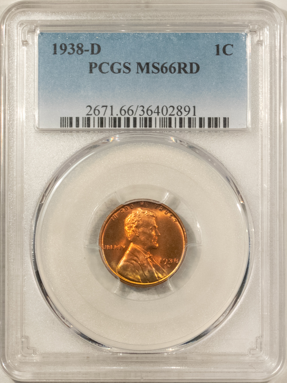 Lincoln Cents (Wheat) 1938-D LINCOLN CENT – PCGS MS-66 RD, GORGEOUS! Lincoln Cents (Wheat) 1938-D LINCOLN CENT – PCGS MS-66 RD, GORGEOUS!