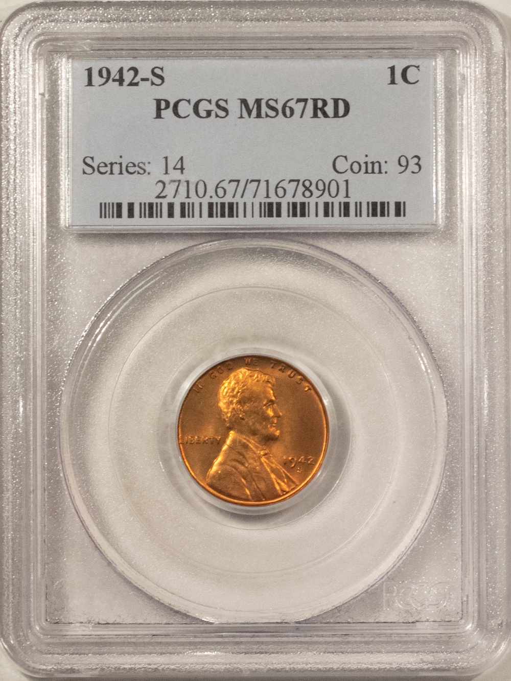 Lincoln Cents (Wheat) 1942-S LINCOLN CENT – PCGS MS-67 RD Lincoln Cents (Wheat) 1942-S LINCOLN CENT – PCGS MS-67 RD
