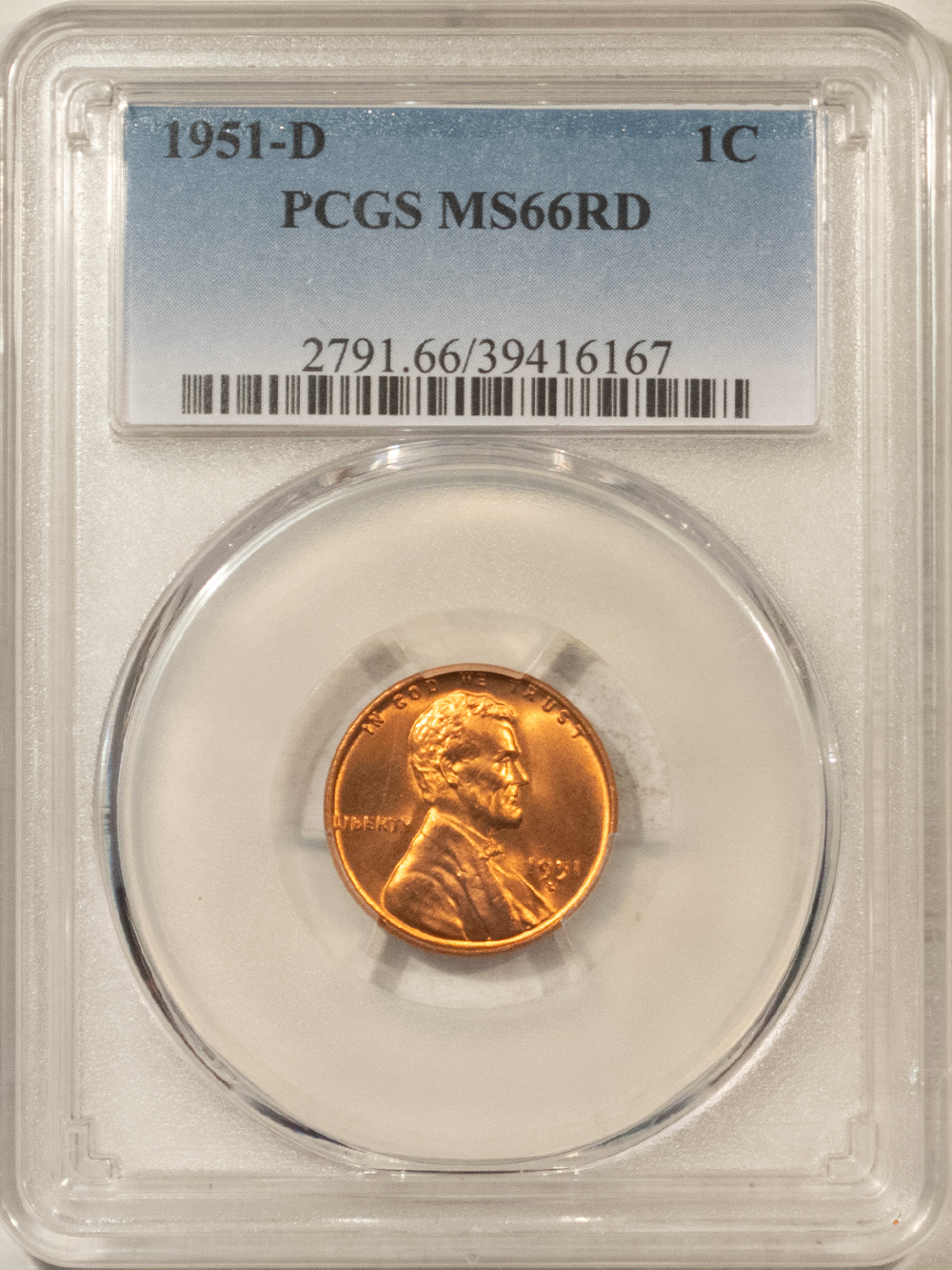 Lincoln Cents (Wheat) 1951-D LINCOLN CENT – PCGS MS-66 RD Lincoln Cents (Wheat) 1951-D LINCOLN CENT – PCGS MS-66 RD