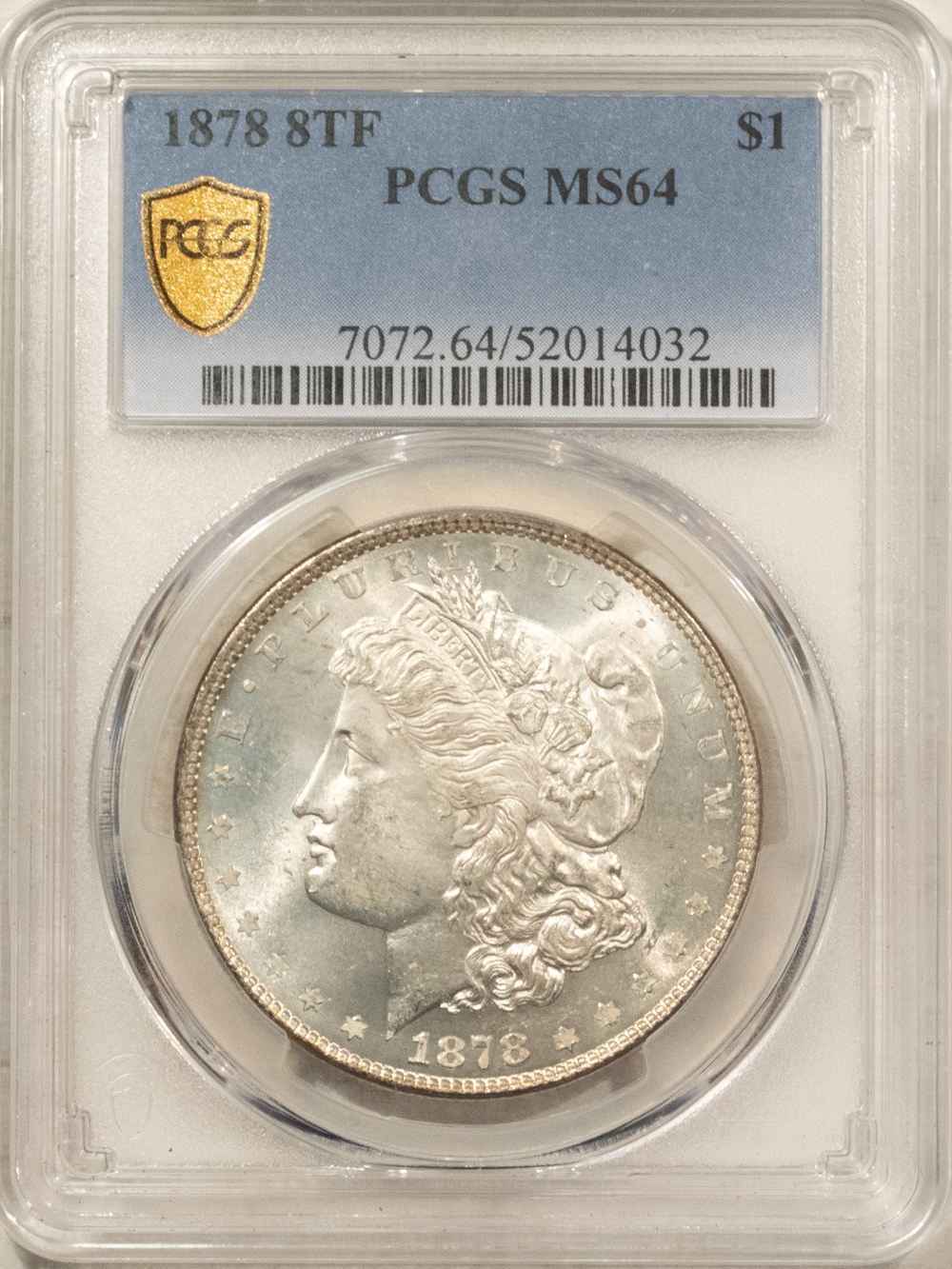 Dollars 1878 8TF MORGAN DOLLAR, PCGS MS-64, ORIGINAL WHITE Dollars 1878 8TF MORGAN DOLLAR, PCGS MS-64, ORIGINAL WHITE